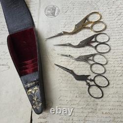 Ecrin Pour Ciseaux de Couture 4 Paires Oiseau en Cuir XIXè Napoléon III