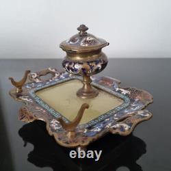Encrier Emaux Cloisonnés Bleus Onyx XIXè Napoléon III Enamel French Victorian