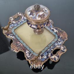 Encrier Emaux Cloisonnés Bleus Onyx XIXè Napoléon III Enamel French Victorian