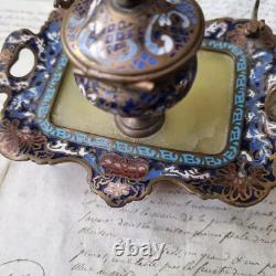 Encrier Emaux Cloisonnés Bleus Onyx XIXè Napoléon III Enamel French Victorian