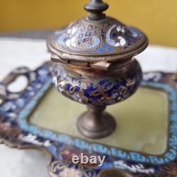 Encrier Emaux Cloisonnés Bleus Onyx XIXè Napoléon III Enamel French Victorian