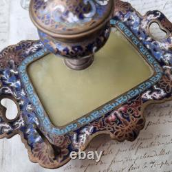 Encrier Emaux Cloisonnés Bleus Onyx XIXè Napoléon III Enamel French Victorian