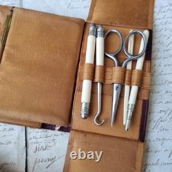 Etui Couture Complet Couronne Vicomtale Cuir XIXè Carnet Crayon et Porte Monnaie