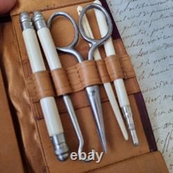 Etui Couture Complet Couronne Vicomtale Cuir XIXè Carnet Crayon et Porte Monnaie