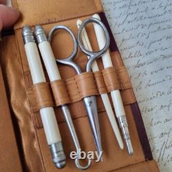 Etui Couture Complet Couronne Vicomtale Cuir XIXè Carnet Crayon et Porte Monnaie