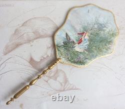 Eventail Ecran Couple au bord de l'Eau Peint Signé HH XIXè Napoleon III