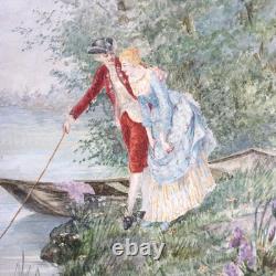 Eventail Ecran Couple au bord de l'Eau Peint Signé HH XIXè Napoleon III
