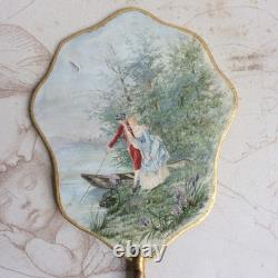 Eventail Ecran Couple au bord de l'Eau Peint Signé HH XIXè Napoleon III