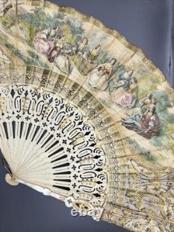 Eventail ancien Napoléon III XIXe Décor scènes galantes Monture Nacre