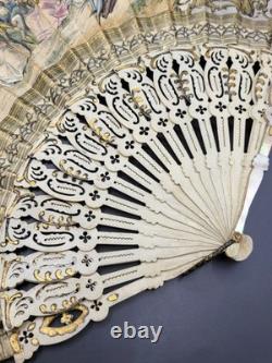 Eventail ancien Napoléon III XIXe Décor scènes galantes Monture Nacre