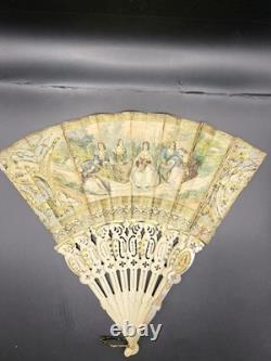 Eventail ancien Napoléon III XIXe Décor scènes galantes Monture Nacre