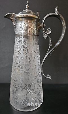 Fin XIXe début XX Superbe Carafe Pichet Aiguière Cristal Gravé Tête FAUNE Taillé