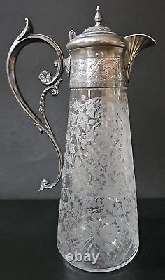 Fin XIXe début XX Superbe Carafe Pichet Aiguière Cristal Gravé Tête FAUNE Taillé