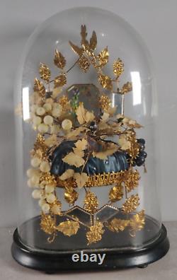 GLOBE de MARIEE cloche garniture Metal Dore miroir peint verre biseaute XIXe L