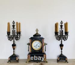 Garniture de cheminée Napoléon III Pendule et chandeliers en marbre époque XIXe