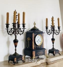 Garniture de cheminée Napoléon III Pendule et chandeliers en marbre époque XIXe