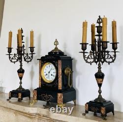 Garniture de cheminée Napoléon III Pendule et chandeliers en marbre époque XIXe