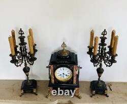 Garniture de cheminée Napoléon III Pendule et chandeliers en marbre époque XIXe