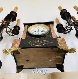 Garniture de cheminée Napoléon III Pendule et chandeliers en marbre époque XIXe