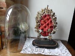 Globe Cloche Couronne de Mariée ancien fleur Tissu rouge Napoléon XIX eme