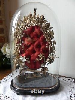 Globe Cloche Couronne de Mariée ancien fleur Tissu rouge Napoléon XIX eme