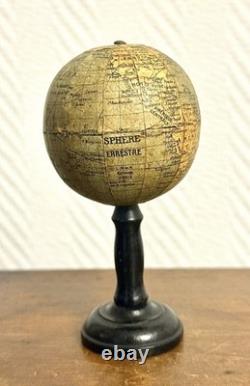 Globe terrestre miniature 12cm ancien XIX 19è mappemonde LNK curiosité bois