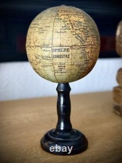 Globe terrestre miniature 12cm ancien XIX 19è mappemonde LNK curiosité bois