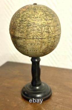 Globe terrestre miniature 12cm ancien XIX 19è mappemonde LNK curiosité bois