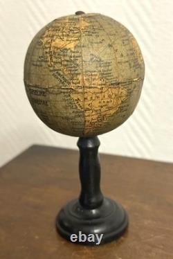 Globe terrestre miniature 12cm ancien XIX 19è mappemonde LNK curiosité bois