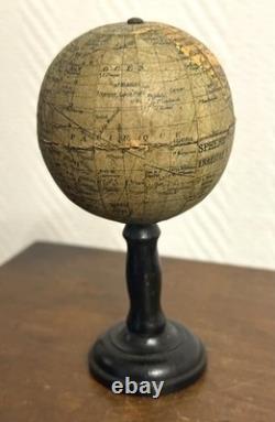 Globe terrestre miniature 12cm ancien XIX 19è mappemonde LNK curiosité bois
