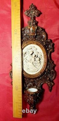 Grand Bénitier XIXe Signé L. B MATTEI Vierge à l'Enfant Napoléon III H. 40 cm