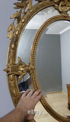 Grand Miroir Ovale à Parecloses d'époque Napoléon III En Bois Et Stuc Doré, XIX