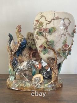 Grand Vase Barbotine XIXe Style Fives-Lille / Neuquelman Coq Poule & Ouf