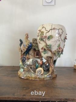 Grand Vase Barbotine XIXe Style Fives-Lille / Neuquelman Coq Poule & Ouf