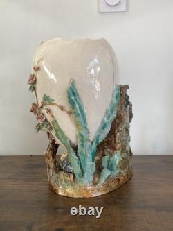 Grand Vase Barbotine XIXe Style Fives-Lille / Neuquelman Coq Poule & Ouf