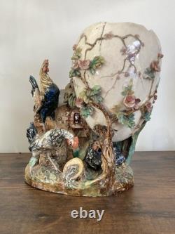 Grand Vase Barbotine XIXe Style Fives-Lille / Neuquelman Coq Poule & Ouf