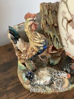 Grand Vase Barbotine XIXe Style Fives-Lille / Neuquelman Coq Poule & Ouf