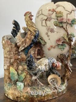 Grand Vase Barbotine XIXe Style Fives-Lille / Neuquelman Coq Poule & Ouf