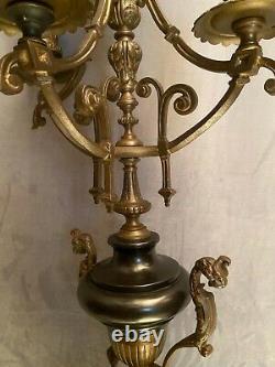 Grand chandelier candélabre à 3 branches bronze marbre XIXe Napoléon III 61cm