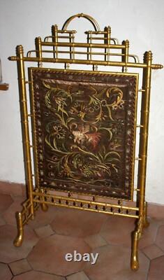 Grand ecran pare feu Napoleon III Broderie Bois doré Bambou XIX ème