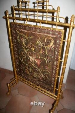 Grand ecran pare feu Napoleon III Broderie Bois doré Bambou XIX ème