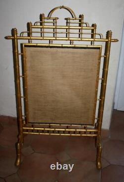 Grand ecran pare feu Napoleon III Broderie Bois doré Bambou XIX ème