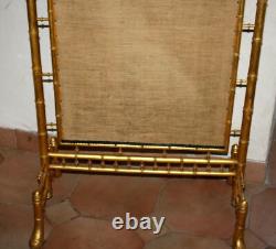 Grand ecran pare feu Napoleon III Broderie Bois doré Bambou XIX ème
