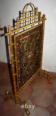 Grand ecran pare feu Napoleon III Broderie Bois doré Bambou XIX ème