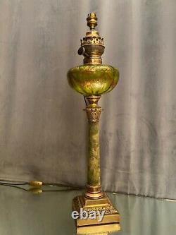Grand pied de lampe XIXe onyx sur bronze réservoir verre émaillé or Napoléon III