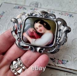 Grande Broche Argent Minerve Gui Porcelaine Peinte Napoléon III Milieu XIXè