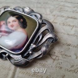 Grande Broche Argent Minerve Gui Porcelaine Peinte Napoléon III Milieu XIXè