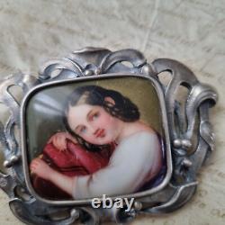 Grande Broche Argent Minerve Gui Porcelaine Peinte Napoléon III Milieu XIXè