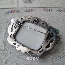Grande Broche Argent Minerve Gui Porcelaine Peinte Napoléon III Milieu XIXè