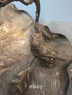 Grande Coupe Centre de Table Bronze Argenté XIXe Oiseaux Vigne Napoléon III 40cm